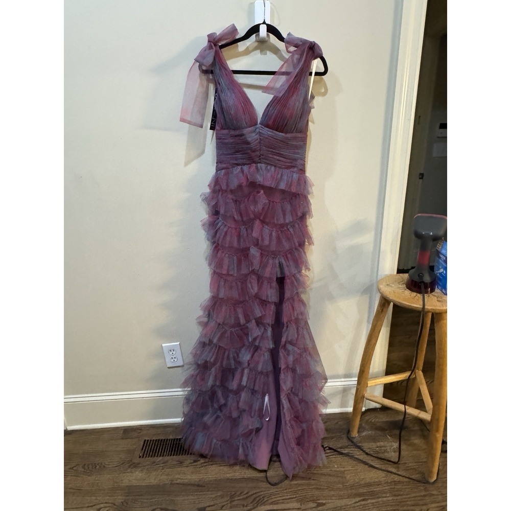 Jovani Gown Tiered Ruffle Mesh Size 4 Train One Of A Kind Romantic Prom‎ Dress - Picture 6 of 16